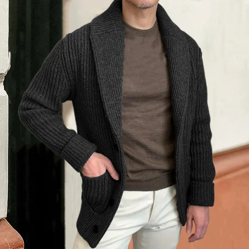 Wool Blend Coat - Men's Sweaters Cardigan Lapel Long Sleeve
