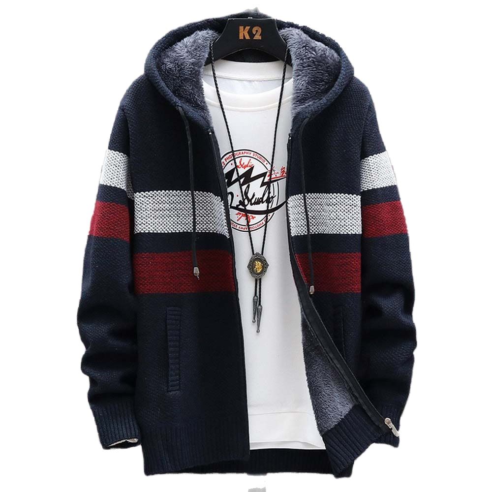 Wool Blend Coat - Men's Striped Sweater Coat Thick Fleece