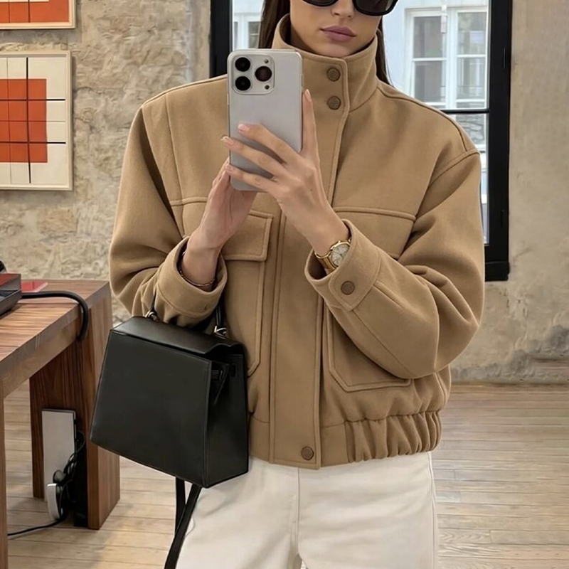 Wool Blend Coat - Women Stand Collar Wool Blend Cropped