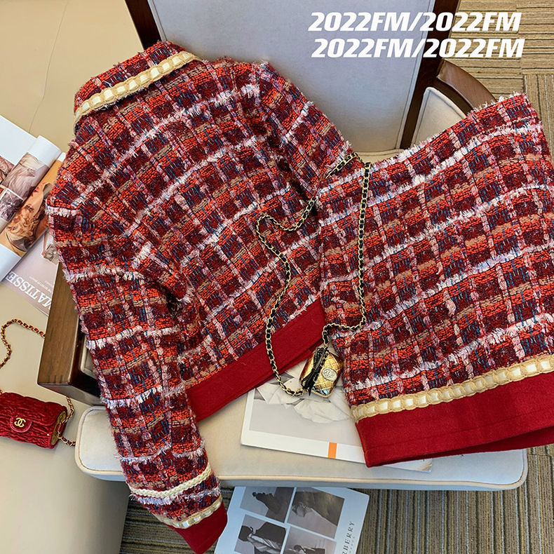 Women Elegant Tweed Red Suit J - Winter Clothing Vintage ulasan dan harga