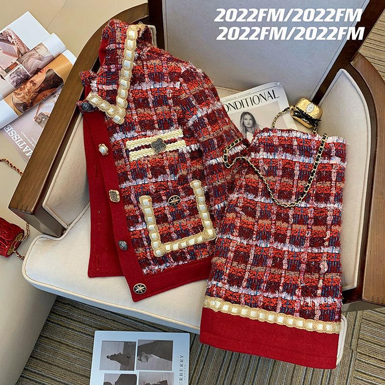 Women Elegant Tweed Red Suit J - Winter Clothing Vintage ulasan dan harga