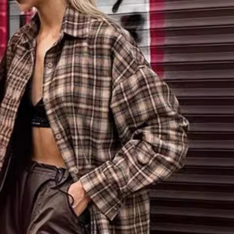 Casual Plaid Shirt Woman Loose - Winter Clothing Vintage ulasan dan harga